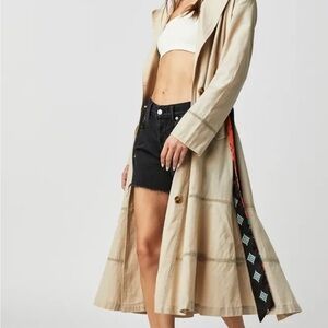Free People Tan Long Coat with Black and Red Accents